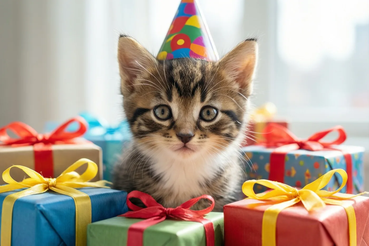 Een klein gestreept katje met een kleurrijk feesthoedje zit binnen tussen felgekleurde cadeaus met linten in zacht daglicht.