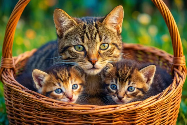 Een gestreepte moederkat ligt met twee kittens in een rieten mand tegen een onscherpe groene en gele buitenachtergrond.