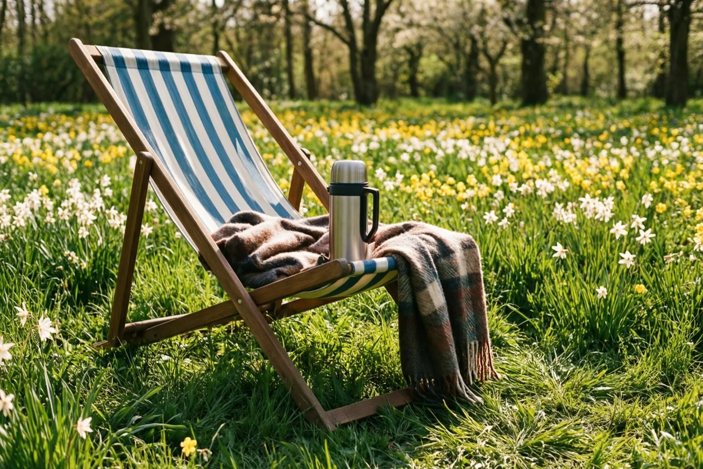 Een houten ligstoel met blauw-wit gestreepte stof, een geruite wollen deken en een zilverkleurige thermos staat in een groene weide met gele en witte narcissen.