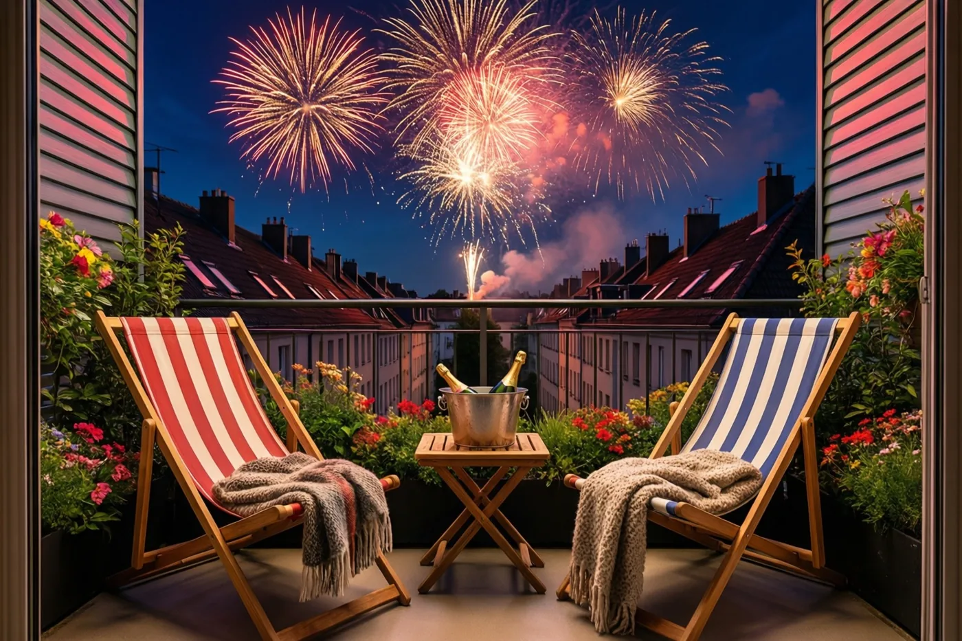 Door open luiken zijn twee gestreepte ligstoelen met wollen dekens op een balkon te zien, naast een tafeltje met champagnekoeler en met kleurrijk vuurwerk boven de daken.