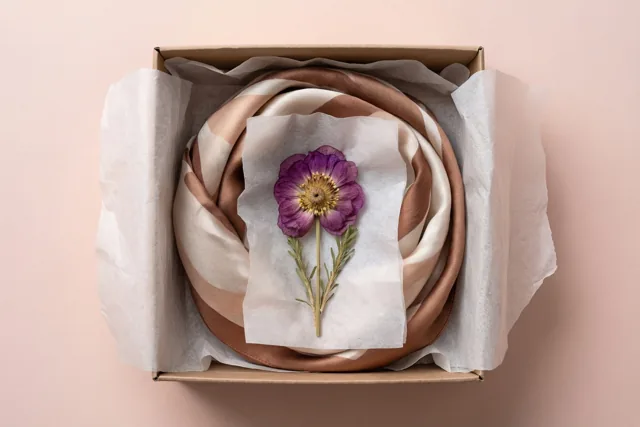 Van bovenaf is een geschenkdoos te zien met een opgerolde zijden sjaal met beige en bruine strepen in wit vloeipapier, met een geperste paarse bloem erop tegen een zachtroze achtergrond.