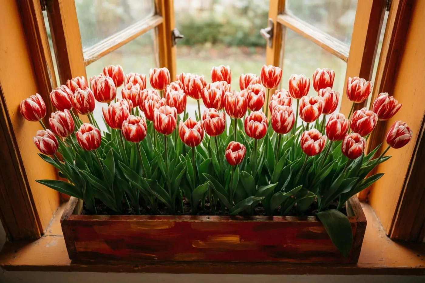 Een houten bloembak met rood-wit gestreepte tulpen staat op een vensterbank naast een open raam in warm daglicht.