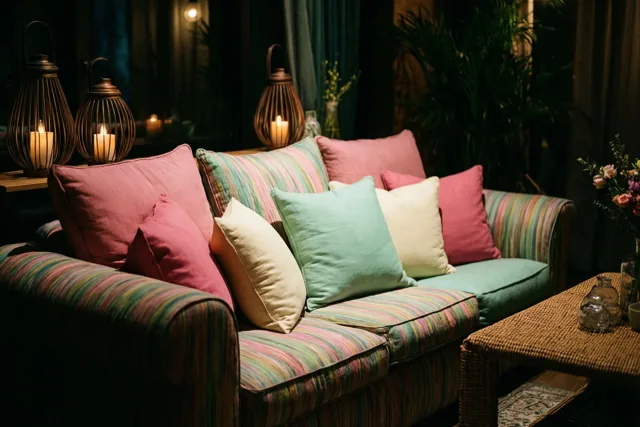 Een gestreepte zetel met kleurrijke kussens staat in een woonkamer met brandende lantaarns en zacht kaarslicht in pastelkleuren en aardetinten.