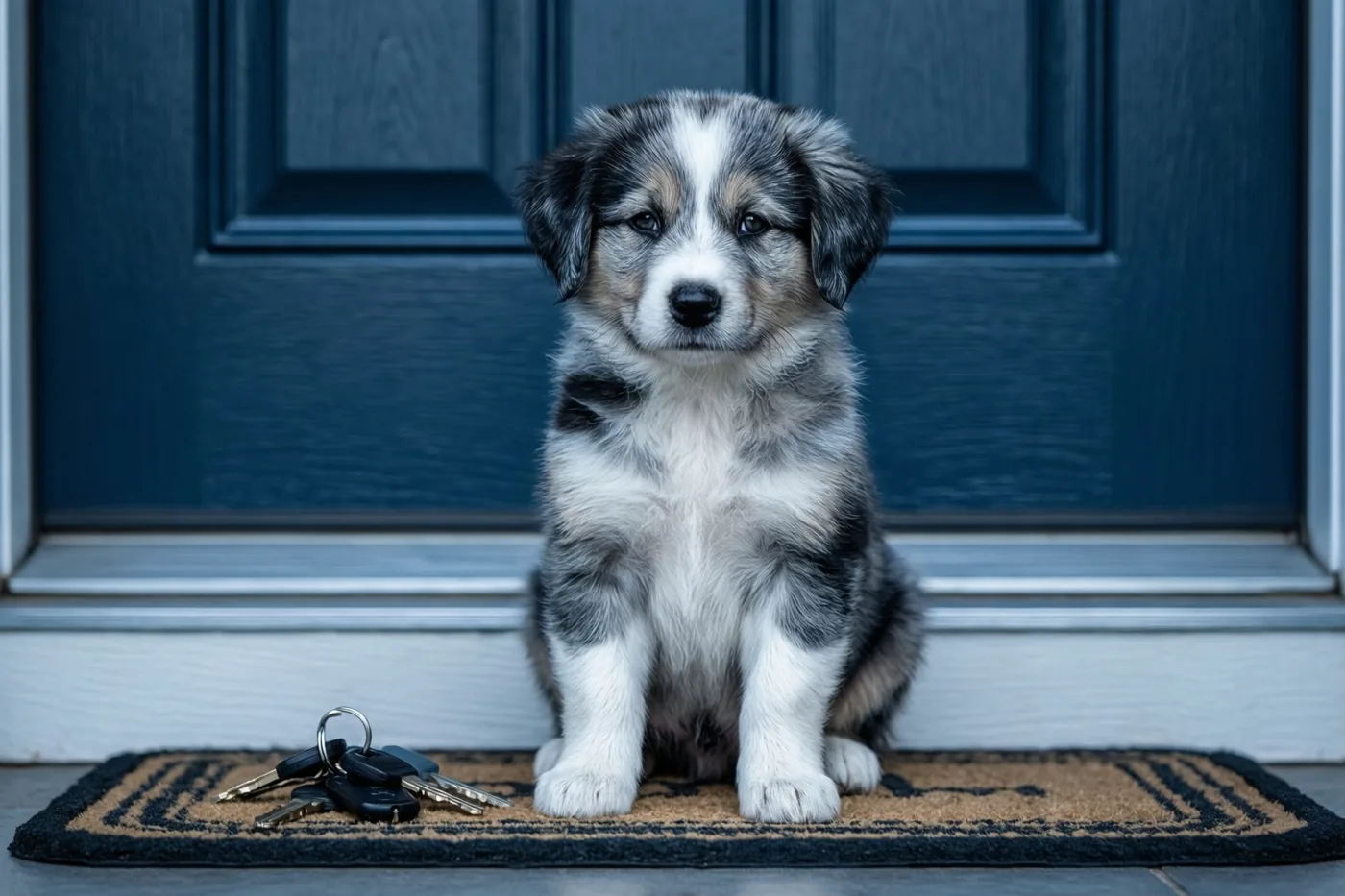 Een kleine pluizige puppy met een gevlekte vacht zit aandachtig op een deurmat voor een donkerblauwe voordeur, met sleutels naast zich.