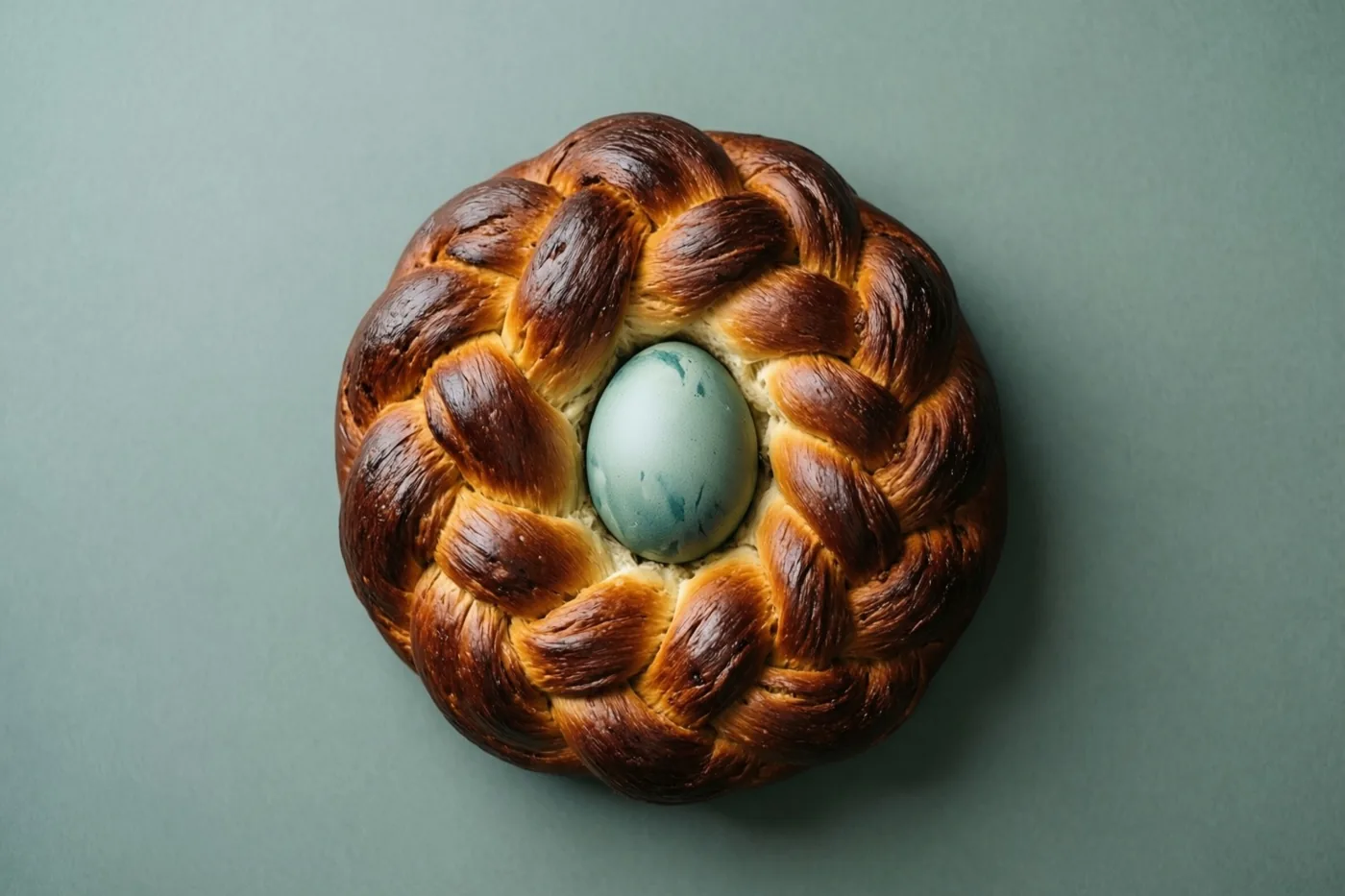 Een gevlochten paasbrood met een geverfd ei in het midden ligt tegen een effen gedempte groene achtergrond.