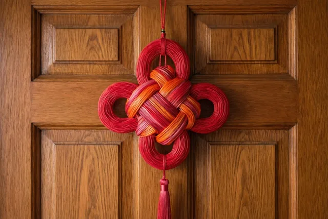 Een gevlochten sierknoop in rood en oranje hangt midden op een houten paneeldeur.