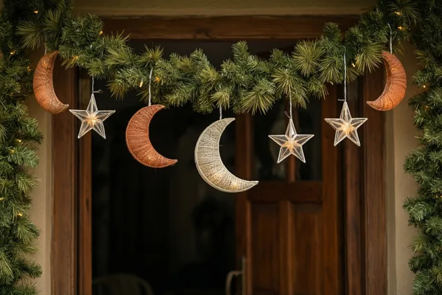 Een slinger van gevlochten maan- en sterlantaarns hangt boven een houten deuropening met groene dennentakken en warmwitte lichtjes.