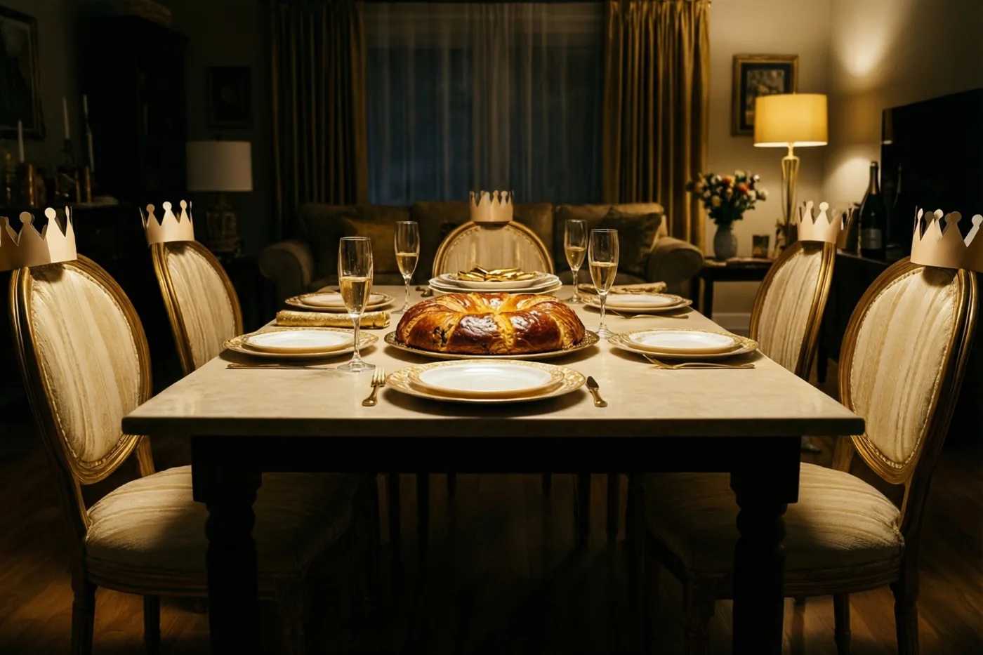 Een grote gevlochten driekoningentaart staat midden op een feestelijk gedekte eettafel, met papieren kronen op de stoelen in een goudkleurig verlichte woonkamer.