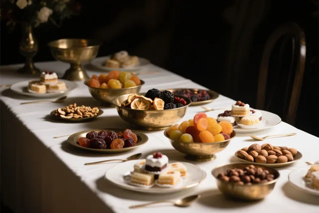 Messing kommen met zoetigheden, gedroogd fruit en noten staan op een wit tafelkleed in warm, gericht licht.