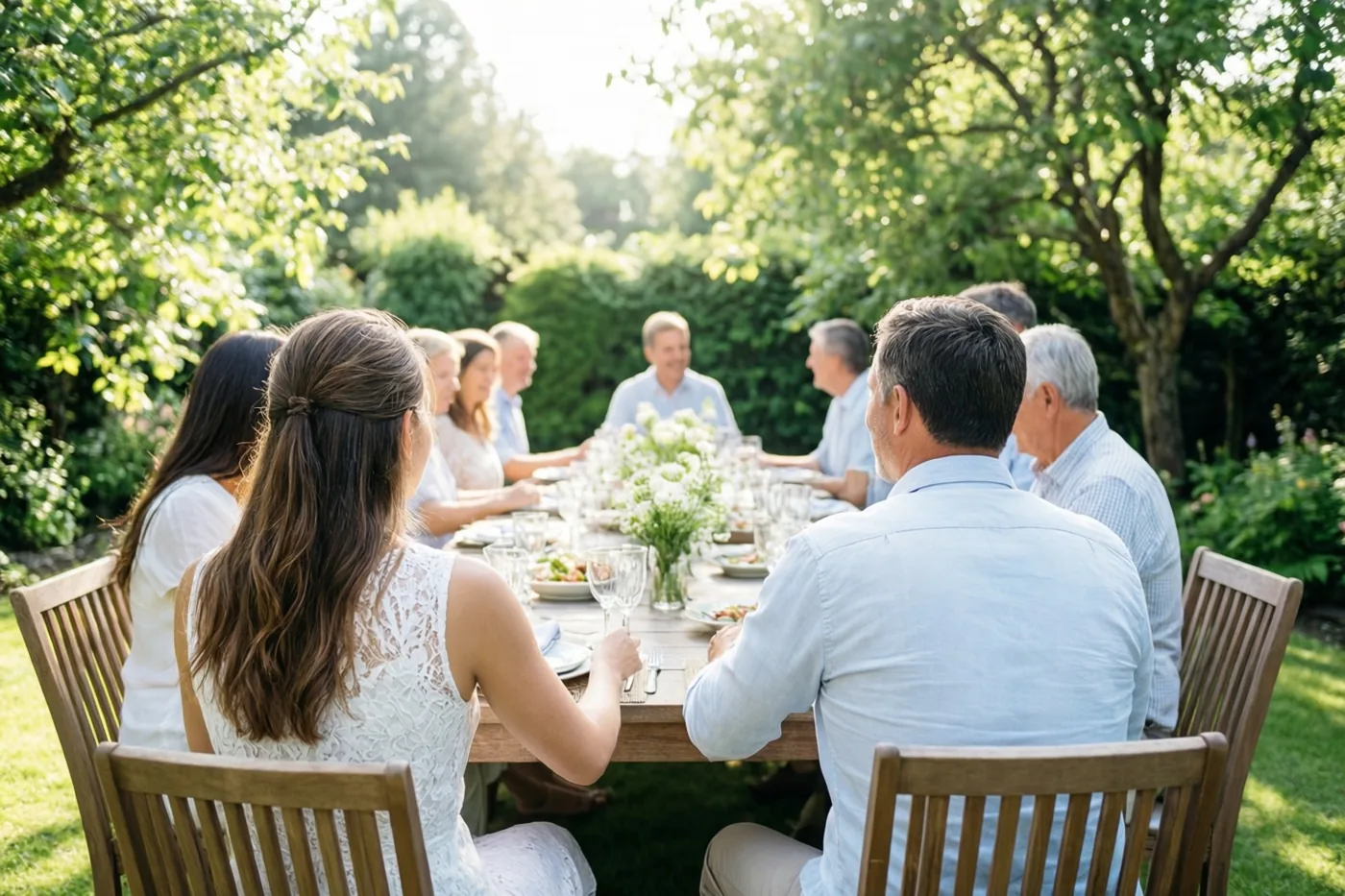 Een groep mensen zit met de rug naar de kijker rond een lange houten tafel in een zonnige tuin vol groen.