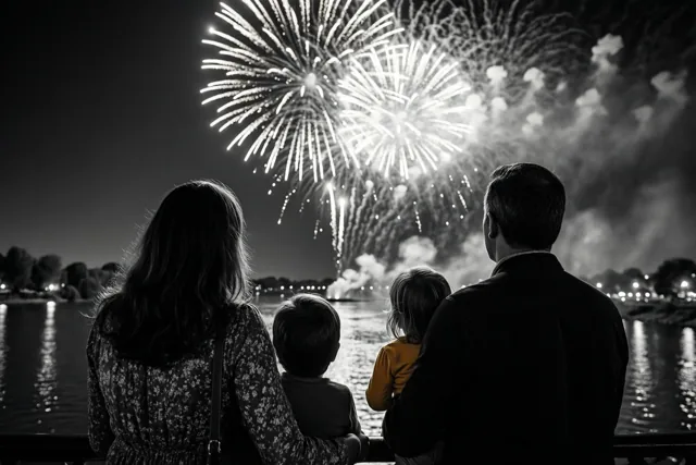 Een zwart-witbeeld toont een gezin van vier personen dat, van achteren gezien, 's nachts naar vuurwerk boven een rivier kijkt.