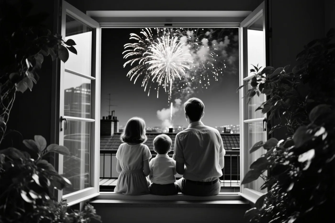 Op een zwart-witfoto zit een gezin van drie, van achteren gezien, op een vensterbank naar vuurwerk boven een nachtelijke stad te kijken.