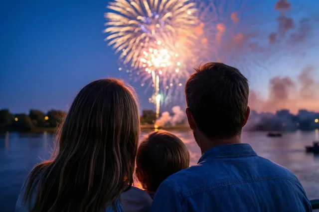Een gezin van drie personen kijkt, van achteren gezien, bij schemering naar vuurwerk boven een rivier in diepblauwe en oranje-gouden tinten.