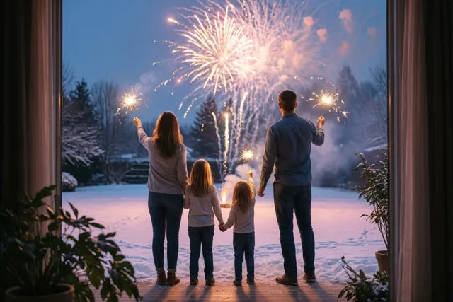 Tussen gordijnen en kamerplanten door is een gezin van vier van achteren te zien op een besneeuwd grasveld, elk met een brandend sterretje onder nachtelijk vuurwerk.