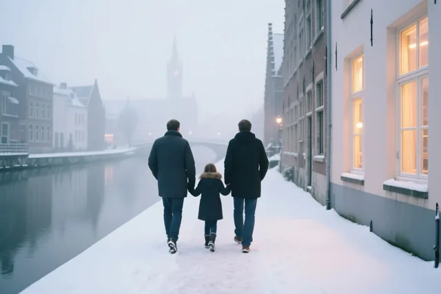 Een gezin van drie wandelt met de rug naar de camera langs een besneeuwd kanaal in Gent, met mist en warm verlichte ramen rechts in een wit, grijs en donkerblauw winterbeeld.