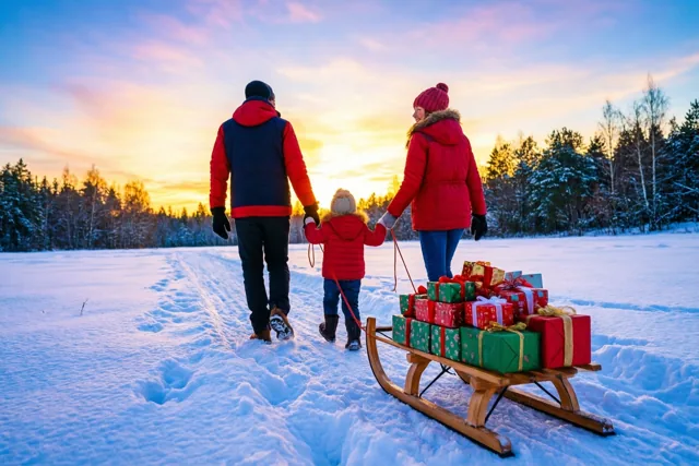 Een gezin van drie loopt van de camera weg door een besneeuwd veld met een houten slee vol ingepakte kerstcadeaus, onder warme zonsondergangskleuren met bomen op de achtergrond.