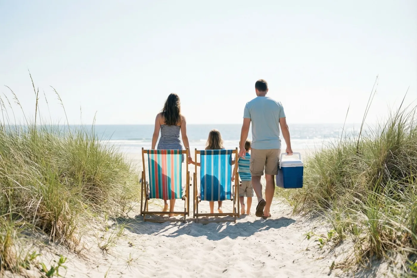 Een gezin van vier loopt van achteren gezien met twee strandstoelen en een koelbox over een zandpad tussen hoog duingras naar zee, onder een heldere hemel.