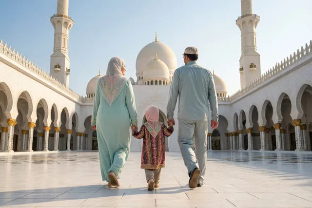 Een gezin van drie loopt met de rug naar de kijker over een zonnige binnenplaats naar een grote moskee met koepels en minaretten in witte en lichtblauwe tinten.