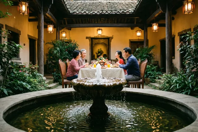 Een gezin van vier eet aan een tafel onder warme lantaarns op een binnenplaats met een lage stenen fontein op de voorgrond, omringd door groen en houten bouwwerken.