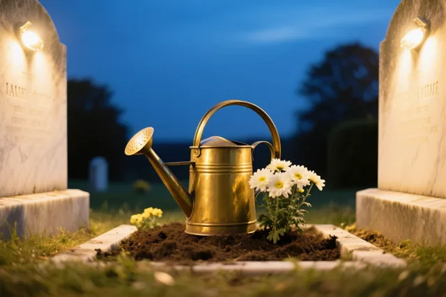Een messing gieter staat in pas omgewoelde aarde naast een graf met witte chrysanten, terwijl bij schemering warme lichtjes op de grafstenen branden.