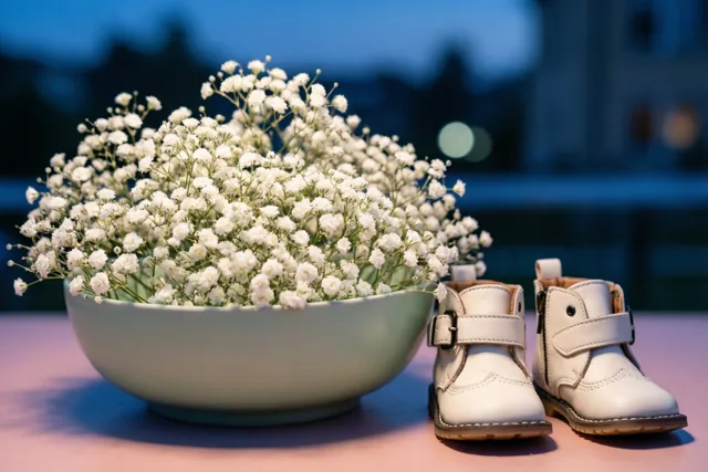 Een lage schaal met wit gipskruid staat naast kleine witte leren babyschoentjes op een roze ondergrond tegen een wazige blauwe achtergrond.