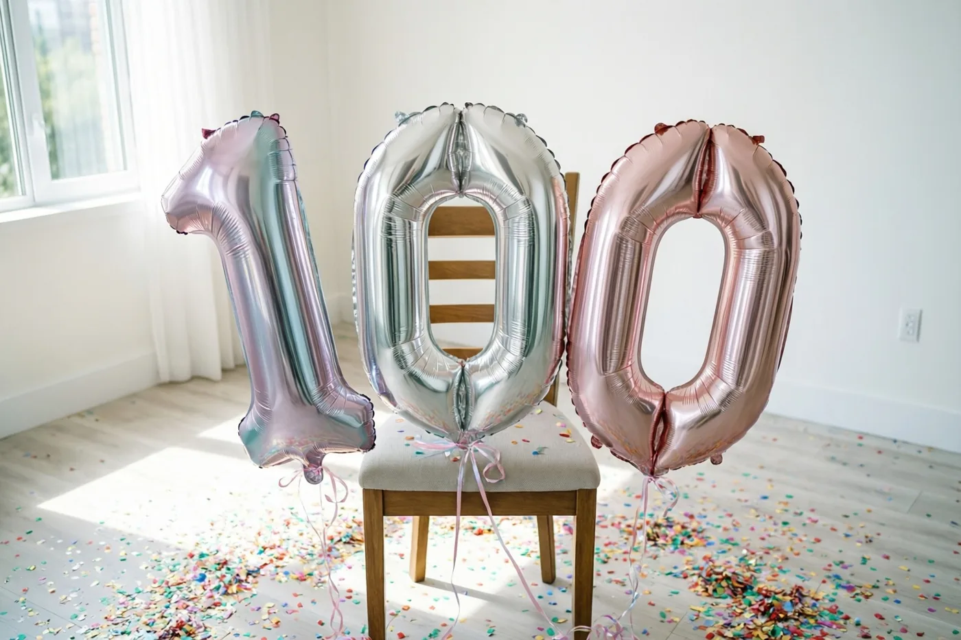 Zilveren, iriserende en roségouden folieballonnen vormen 100 aan een stoel in een lichte kamer, met kleurrijke confetti op de vloer en daglicht door een raam.