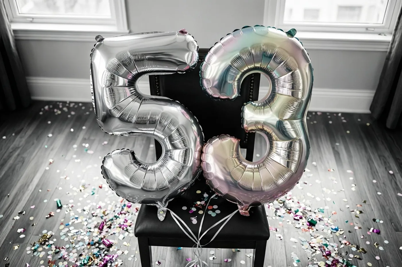 Twee grote folieballonnen in de vorm van 5 en 3 met een zilveren en pastelkleurige glans zijn vastgebonden aan een zwarte stoel in een kamer met confetti op de vloer.