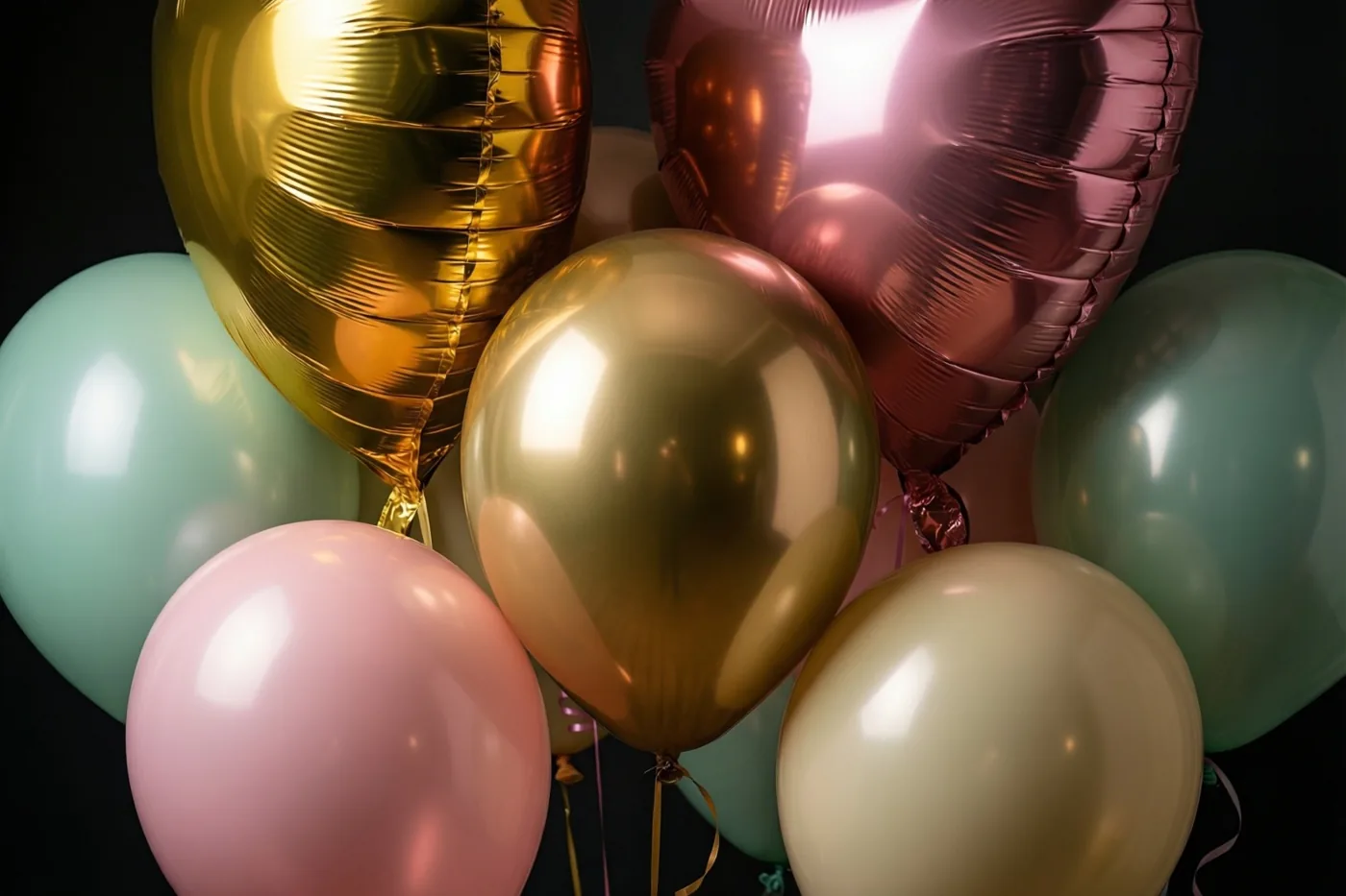 Een tros glanzende gouden en roze folieballonnen weerspiegelt zacht feestlicht tegen een donkere achtergrond.