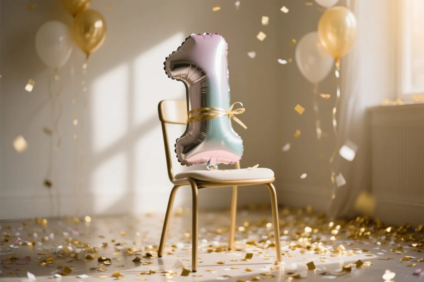Een glanzende cijferballon 1 in zilver- en pasteltinten zit met een gouden lint op een gouden stoel, met gouden confetti op de vloer en in de lucht.
