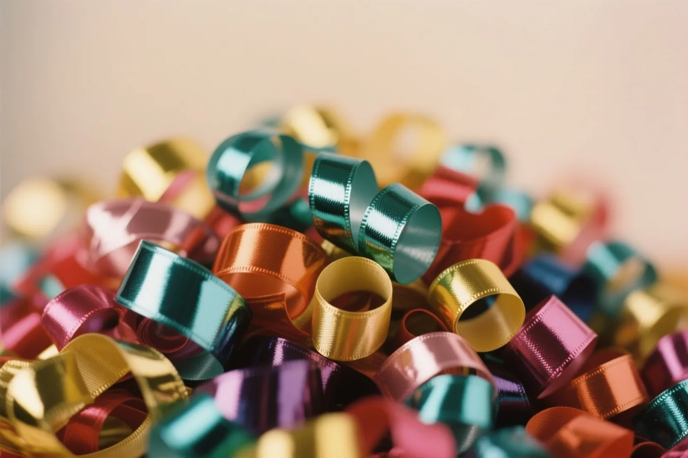 Een hoop glanzende gekrulde linten in allerlei kleuren is van dichtbij te zien tegen een effen wazige achtergrond.