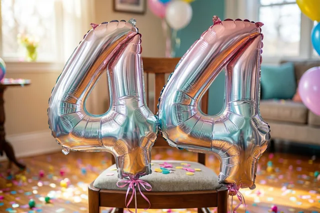 Twee grote zilver- en pastelkleurige cijferballonnen met een iriserende glans vormen 44 aan een houten stoel, met confetti op de vloer en andere ballonnen op de achtergrond.