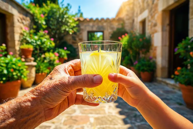 Een oudere en een kleine hand houden een kristallen glas limonade vast op een zonnig stenen terras, met stenen gebouwen en potplanten op de achtergrond.