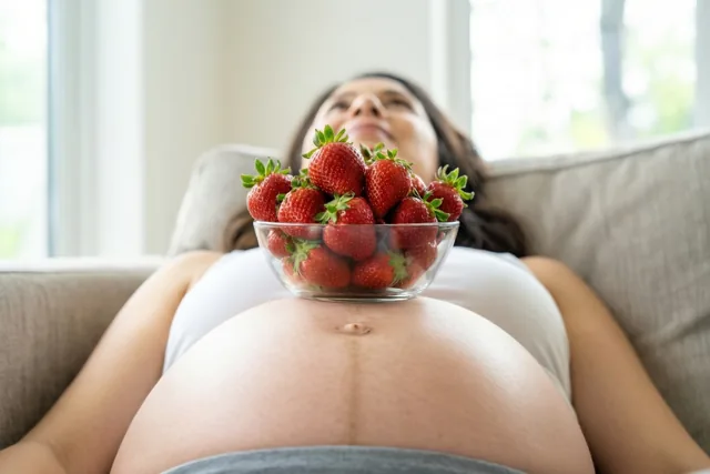 Babybuik met aardbeien erbovenop