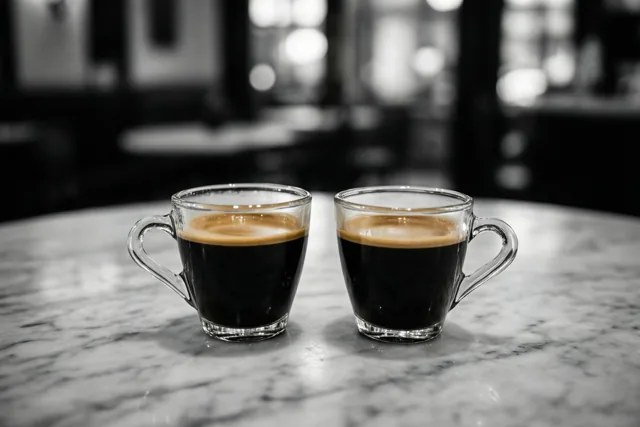 Twee doorzichtige glazen espressokopjes met donkere koffie en een lichte cremalaag staan naast elkaar op een marmeren werkblad voor een zacht onscherpe achtergrond.