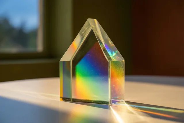 Een glazen prisma in de vorm van een huis staat op een witte tafel en breekt het zonlicht in regenboogkleuren, met een raam op de achtergrond.