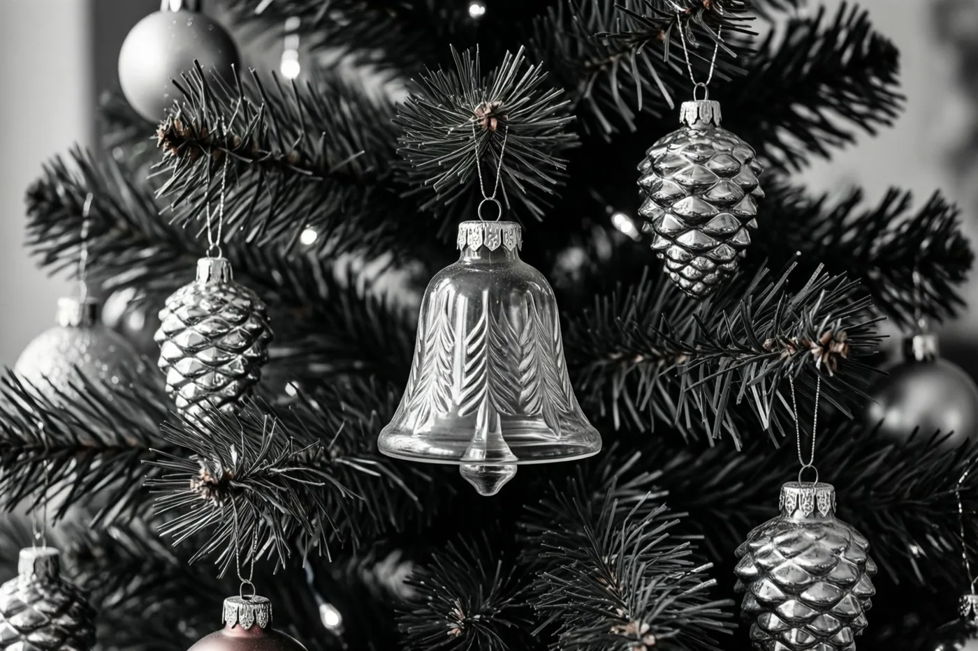 Een kerstboom met glazen retroversieringen in de vorm van klokjes en dennenappels is van dichtbij in zwart-wit gefotografeerd.