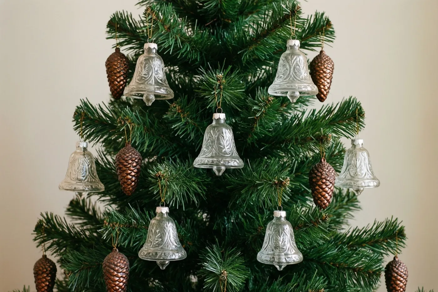 Doorzichtige glazen klokjes en koperkleurige dennenappelversieringen hangen tussen groene naalden van een kerstboom, voor een zachte beige achtergrond.