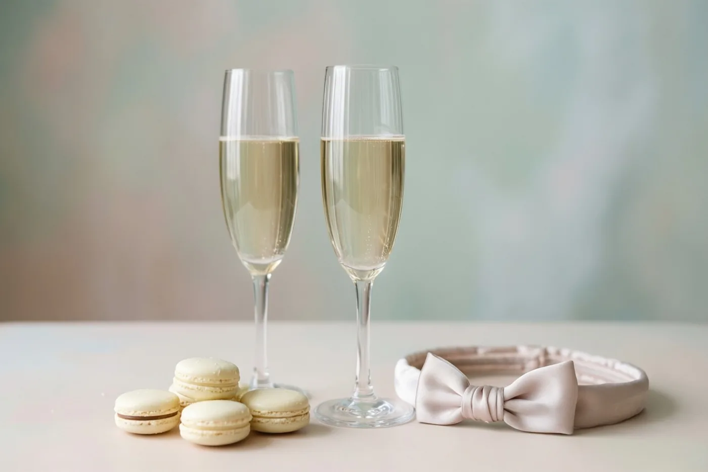 Twee champagneglazen met een bruisende drank staan naast witte chocolademacarons en een lichtroze zijden babyhaarbandje met strik op een lichte ondergrond tegen een wazige pastelachtergrond.