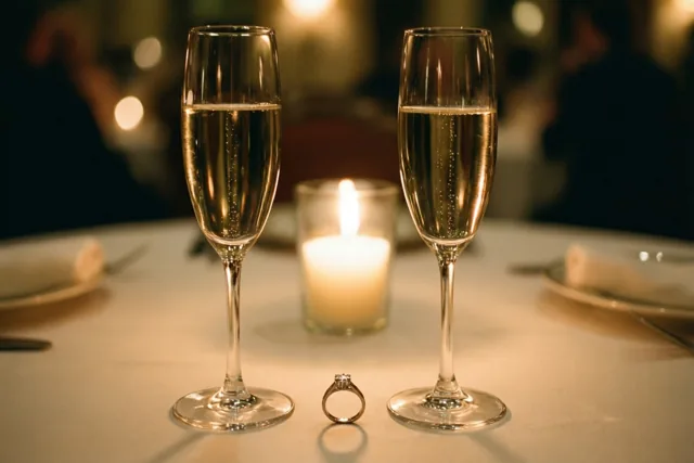 Twee champagneglazen met bubbels staan op een wit tafelkleed met een diamanten verlovingsring ertussen en een brandende kaars in een glazen houder op de achtergrond.