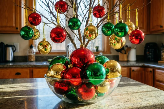 Een glazen schaal met rode, groene en gouden kerstballen staat op een granieten keukenwerkblad, met daarachter kale takken met bijpassende versiering in warm licht.