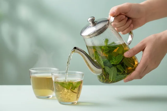 Een hand schenkt dampende muntthee uit een glazen theepot met zilveren tuit in een glazen kop op een lichtgroen oppervlak tegen een wazige mintgroene achtergrond.