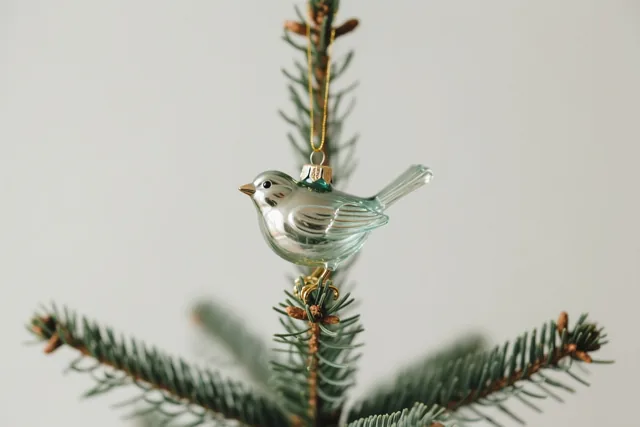 Een glazen vogelornament hangt aan een tak van een kerstboom tegen een effen achtergrond, in zachte groene, zilveren en gouden tinten.