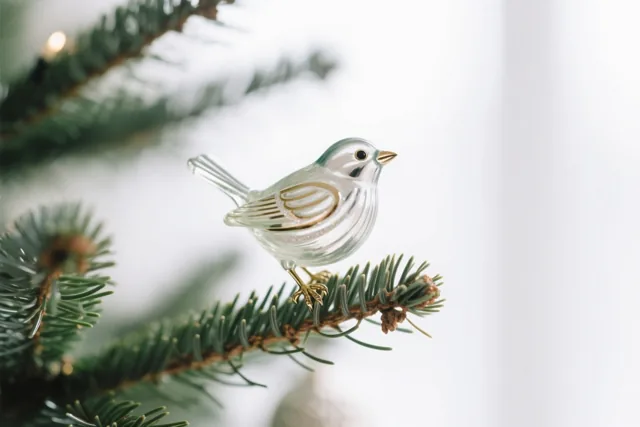 Een doorzichtig glazen vogelornament met gouden accenten zit op een groene dennentak, met een heldere, onscherpe achtergrond in zacht licht.