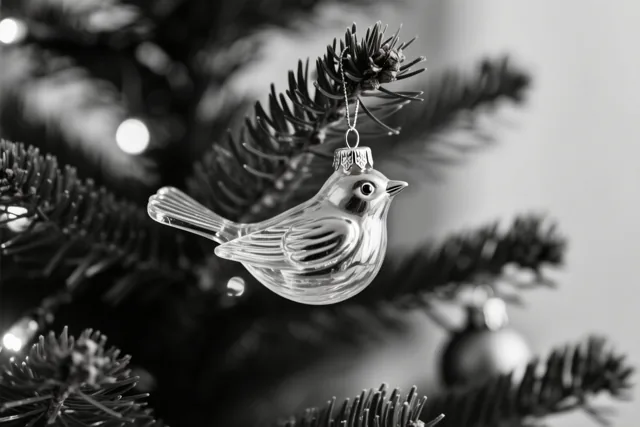 Een doorzichtig glazen vogelornament hangt aan een dennentak met onscherpe lichtjes op de achtergrond, weergegeven in monochrome tinten.