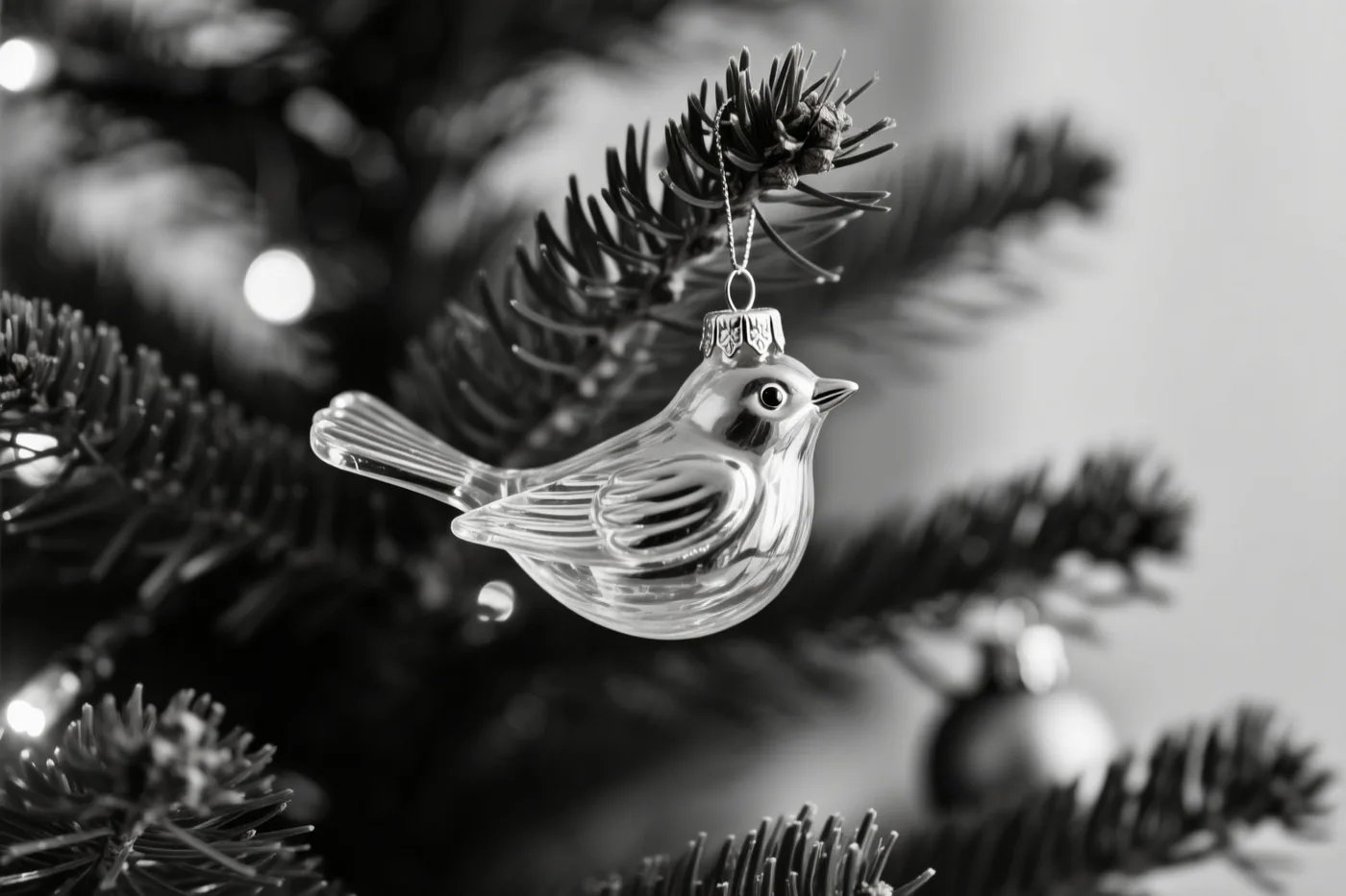Een doorzichtig glazen vogelornament hangt aan een dennentak met onscherpe lichtjes op de achtergrond, weergegeven in monochrome tinten.