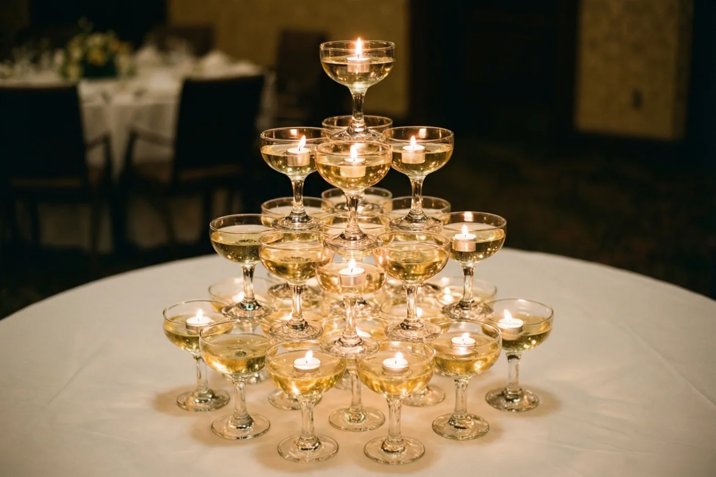 Een piramide van gevulde champagneflûtes staat met brandende kaarsen op een wit tafellaken in een schaars verlichte binnenruimte.