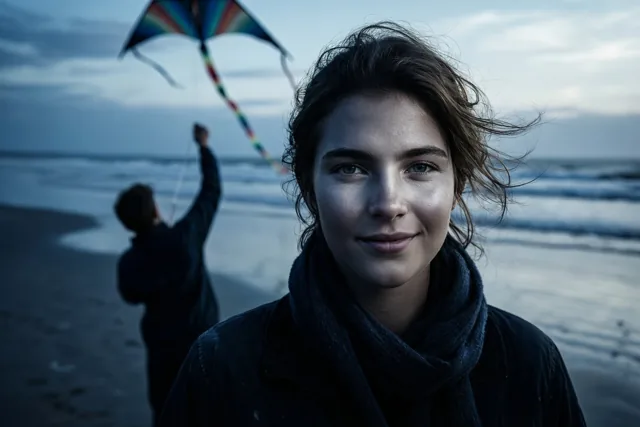 Een jonge vrouw glimlacht zacht naar de camera op een strand in blauwgrijs schemerlicht, terwijl iemand achter haar een kleurrijke vlieger oplaat.