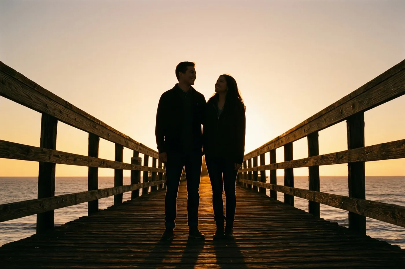 Twee mensen staan als silhouetten aan het einde van een houten pier en glimlachen naar elkaar terwijl de zon in gouden en oranje tinten boven zee ondergaat.