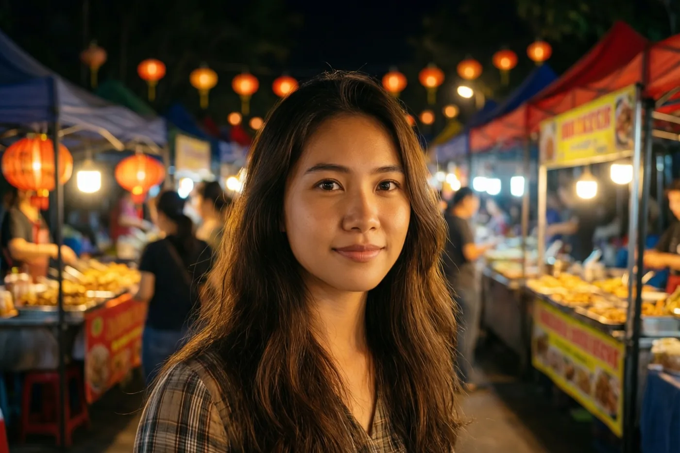 Een jonge vrouw met lang donker haar glimlacht naar de camera op een drukke avondmarkt met verlichte lantaarns en eetkraampjes achter haar.