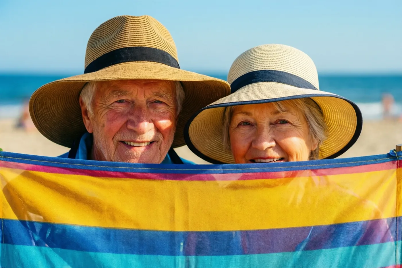 Een ouder koppel met zonnehoeden glimlacht van achter een kleurrijk gestreept windscherm op het strand, in heldere blauwe, gele en blauwgroene tinten.